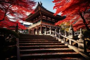 Kyoto temple orné avec vibrant l'automne ai génératif photo