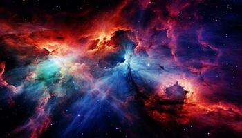tourbillonnant nébuleuse dans espace avec pétillant étoiles, lumière poussiéreux pieux, coloré explosion. génératif ai photo
