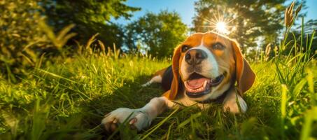 content beagle mensonges dans le herbe, bannière avec chien avec espace pour texte, monde animal journée. ai généré photo