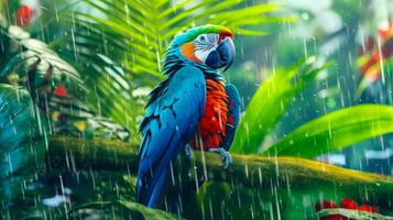 multicolore ara perroquet sur une branche en dessous de tropical pluie dans une jungle paramètre. ai généré photo