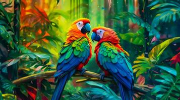 une paire de coloré aras sur une branche dans le jungle. ai généré photo
