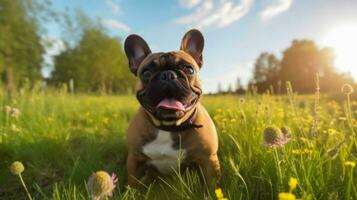 français bouledogue dans une forêt clairière, animal se soucier, monde animal journée. ai généré photo