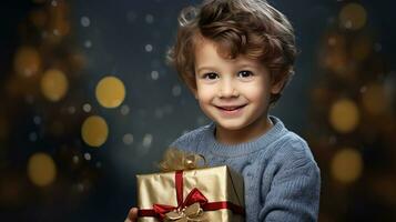 une peu garçon détient une cadeau boîte avec une Noël ou Nouveau années cadeau. ai généré. photo