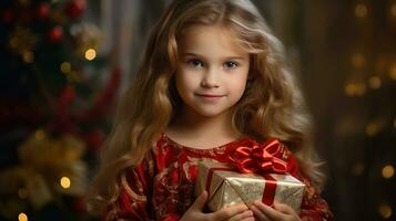 une peu fille détient une cadeau boîte avec une Noël ou Nouveau années cadeau. ai généré photo