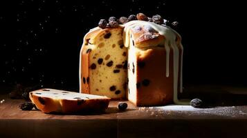 italien panettone petit gâteau sur une noir Contexte. fait maison cuit marchandises, Pâques cuit marchandises. photo