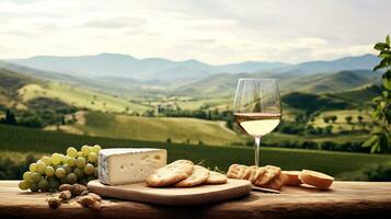 une verre de vin, fromage et une bouquet de les raisins contre le toile de fond de une Montagne paysage. ai généré. photo