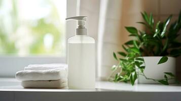 blanc bouteille avec une pompe pour liquide savon dans le intérieur de une Accueil salle de bains. ai généré. photo