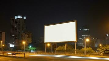 La publicité moquer en haut Vide panneau d'affichage à nuit temps avec rue lumière avec copie espace pour Publique information planche panneau d'affichage Vide pour Extérieur La publicité affiche photo