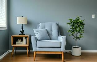 gris mur, bleu fauteuil, et bois côté tableau. ai génératif photo