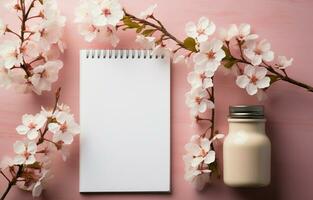 Haut vue de une pastel rose beauté bureau fond d'écran avec un ouvert magazine, et fleur branches. photo