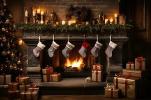 Noël bas à côté de une cheminée dans de face de cadeaux, content temps dans le maison Noël photo