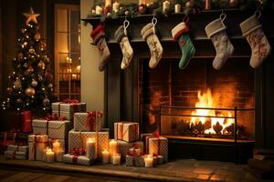 Noël bas à côté de une cheminée dans de face de cadeaux, content temps dans le maison Noël photo