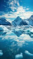 neigeux montagnes réfléchi dans calme l'eau autour la glace banquise photo