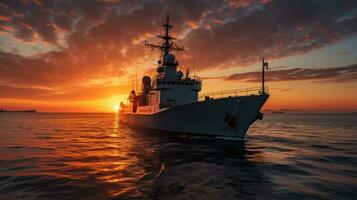 le coucher du soleil plus de une marine navire sur le ouvert mer photo