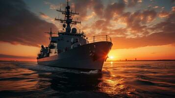 le coucher du soleil plus de une marine navire sur le ouvert mer photo