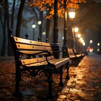 une banc est séance en dessous de certains parapluies sur une trottoir dans une pluie torrentielle photo