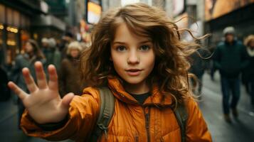 portrait de une peu fille avec frisé cheveux dans un Orange manteau sur le rue spectacle Arrêtez signe par main. photo