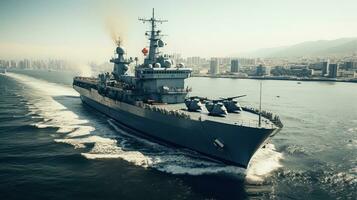 militaire doublure à mer avec des hélicoptères et navires de guerre photo