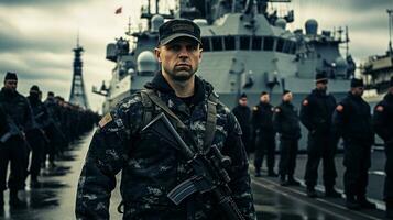 naval navire avec marins sur plate-forme dans uniforme photo