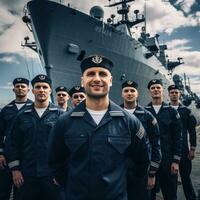 naval navire avec marins sur plate-forme dans uniforme photo