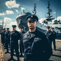 naval navire avec marins sur plate-forme dans uniforme photo