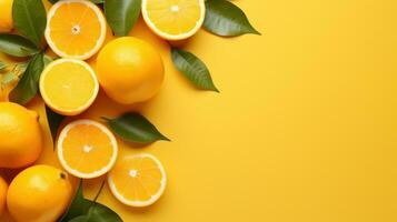 des oranges, Frais vert feuilles et Haut vue sur Jaune Contexte photo