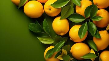 des oranges, Frais vert feuilles et Haut vue sur Jaune Contexte photo