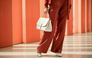 moderne femme tenue qui consiste de une rouge veste, pantalon, et une blanc géométrique sac. ai génératif photo