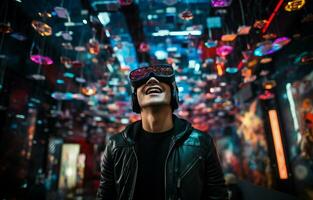 sur une sombre arrière-plan, une Jeune homme est portant virtuel réalité lunettes. virtuel réalité, téléphone intelligent utiliser, et notion de futur technologie. ai génératif photo