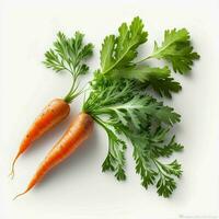 Frais et en bonne santé carottes avec vert feuilles sur une blanc Contexte. le vert feuilles ajouter une toucher de fraîcheur à ces nutritif des fruits. ai génératif photo