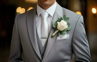 élégant jeune marié dans gris costume et blanc chemise, avec arc attacher et blanc Rose boutonnière. en haut fermer. photo de haute grade. ai génératif