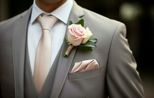 élégant jeune marié dans gris costume et blanc chemise, avec arc attacher et blanc Rose boutonnière. en haut fermer. photo de haute grade. ai génératif