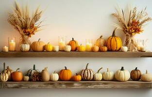 l'automne décorations sur une bois étagère avec une blanc mur bannière Contexte. couleur d'automne bougies et vases, comme bien comme une citrouille signer.ai génératif photo