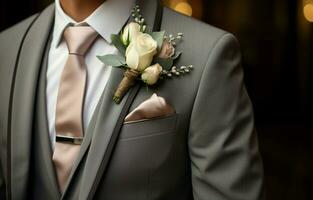 élégant jeune marié dans gris costume et blanc chemise, avec arc attacher et blanc Rose boutonnière. en haut fermer. photo de haute grade. ai génératif