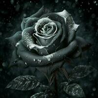 fermer portrait de une noir Rose avec magnifique pétales sur une nettoyer Contexte tandis que il neige. je ne le fais pas comme l'amour. ai génératif photo