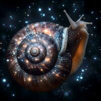 céleste spirale, une nuit ciel réflexion dans le coquille de une cosmique escargot. ai généré photo