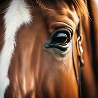 ai généré contenu. gracieux élégance une les chevaux œil dans fermer photo