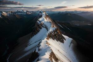 majestueux Montagne de pointe à le coucher du soleil capturé par John forgeron. ai généré. photo