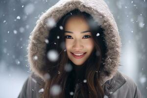 ai généré portrait de magnifique Jeune femme permanent en dessous de le neige à hiver temps photo