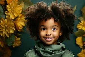 ai généré studio portrait de mignonne peu frisé africain fille sur différent couleurs Contexte photo