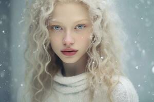 ai généré portrait de magnifique souriant Jeune albinos femme permanent en dessous de neige photo