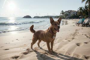 Soleil embrassé amusement plage recours avec une espiègle chien. ai généré. photo