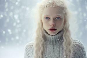 ai généré portrait de magnifique souriant Jeune albinos femme permanent en dessous de neige photo