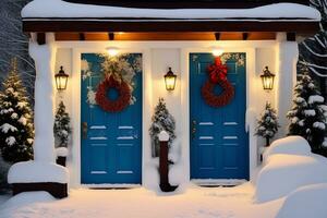 transformer votre porte dans une hiver pays des merveilles avec magique porte couvertures par Emilie Roberts. ai généré. photo