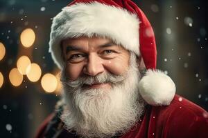 ai généré portrait de Beau souriant homme dans Père Noël claus portant photo