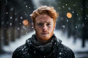 ai généré portrait de magnifique souriant Jeune gingembre homme permanent en dessous de neige photo