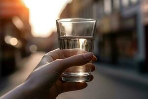 main en portant une verre de l'eau. produire ai photo