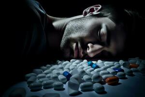 homme en train de dormir sur médicament pilules. produire ai photo