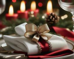 Noël à thème serviette de table anneaux élevant votre vacances table décor. ai généré. photo