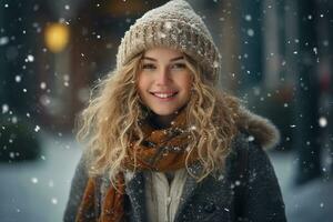 ai généré portrait de magnifique Jeune femme permanent en dessous de le neige à hiver temps photo